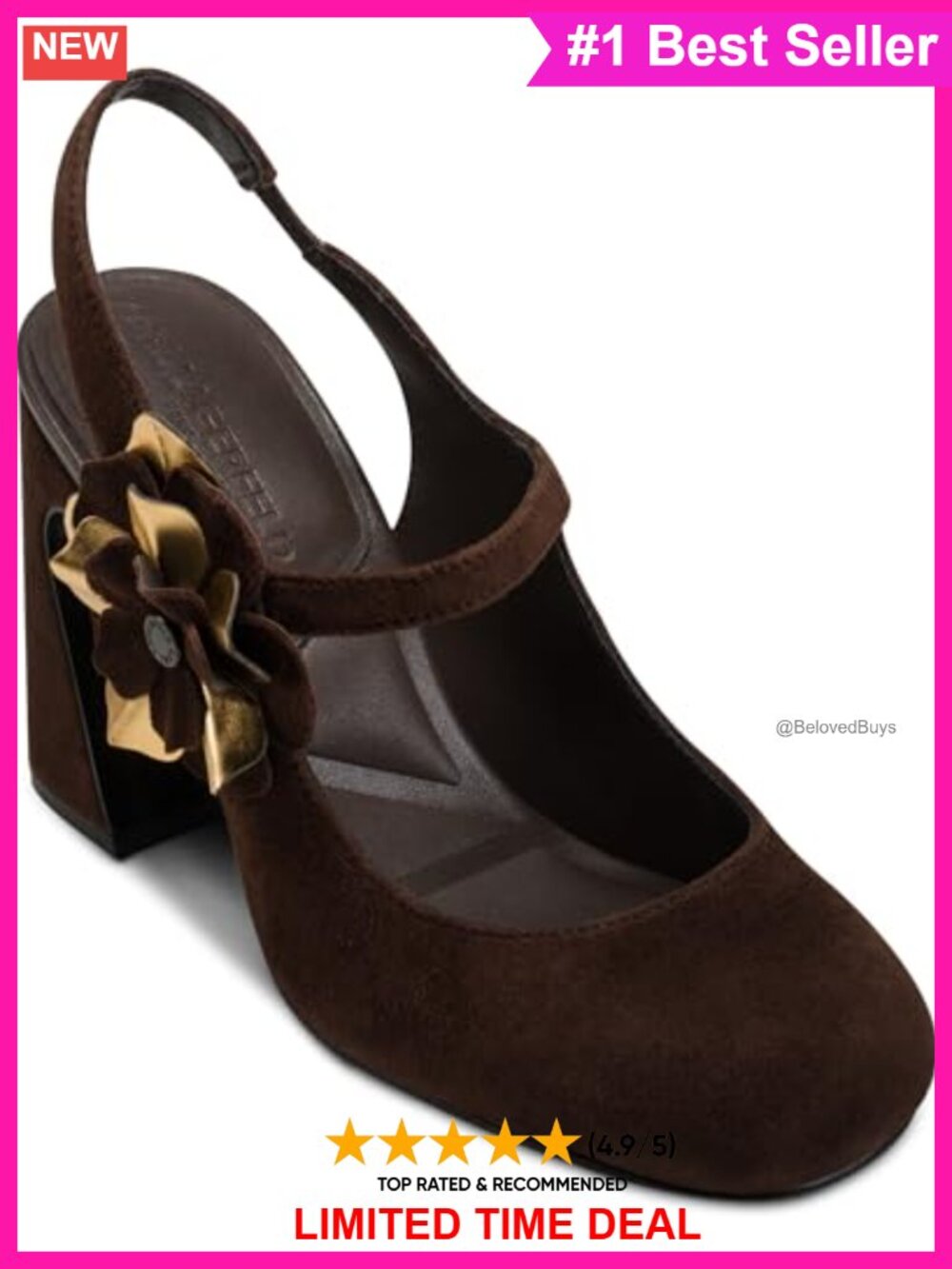 Slingback Pump with Floral Embellishment, Round Toe, Block Heel, Leather - Picture 1 of 4